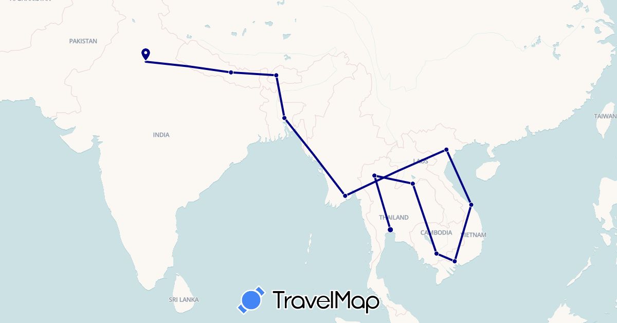 TravelMap itinerary: driving in Bangladesh, Bhutan, India, Cambodia, Laos, Myanmar (Burma), Nepal, Thailand, Vietnam (Asia)